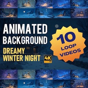 Puede incluir: Una colección de fondos animados de noche de invierno. La imagen presenta el texto "Animated Background, Dreamy Winter Night" y "10 Loop Videos" en un collage de escenas invernales con casas y nieve cayendo. La resolución de vídeo es 4K Ultra HD.