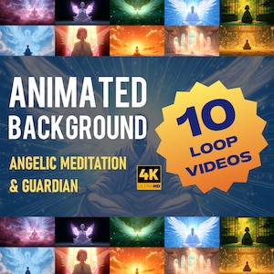 Puede incluir: Imagen que promociona videos en bucle de "Animated Background". El texto incluye "Angelic Meditation & Guardian" y "10 Loop Videos" en una estrella amarilla. El fondo presenta escenas serenas de ángeles y figuras meditativas.