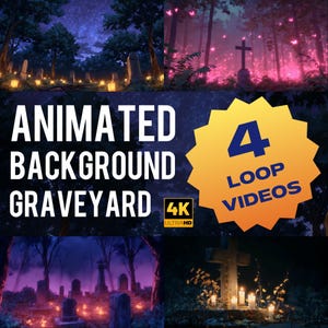 May include: An image showcasing four animated loop videos of a graveyard scene. The videos feature a nighttime setting with tombstones, trees, and glowing lights. Text on the image reads "Animated Background Graveyard" and "4 Loop Videos".