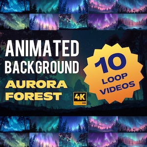 Può includere: Un prodotto digitale con 10 video in loop di una foresta di aurora boreale animata in 4K Ultra HD. L'immagine mostra una raccolta di scene con colori vivaci e il testo "Animated Background Aurora Forest".