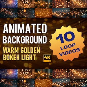 以下が含まれることがあります： 暖かく金色のボケライトのアニメーション背景の画像。「Animated Background, Warm Golden Bokeh Light」と「10 Loop Videos」のテキスト。画像には「4K Ultra HD」ロゴも含まれています。