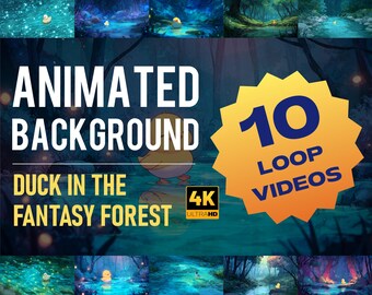 May include: An animated background featuring a duck in a fantasy forest, with 10 loop videos in 4K Ultra HD. The image shows a series of scenes with a duck in a forest setting, with text overlay.