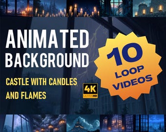 Może przedstawiać: Animowane tło z motywem zamku, z świecami i płomieniami. Obraz zawiera tekst "Animated Background" i "Castle with Candles and Flames". Wyświetla również "10 Loop Videos" i "4K Ultra HD".