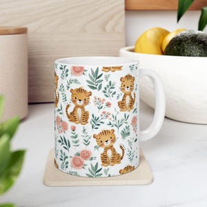Cute Tiger Floral Mug - Baby Animal Pastel Ceramic Cup, Kawaii Jungle Gift for Her
