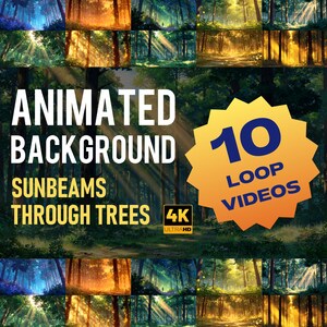 May include: An image showing an animated background of sunbeams filtering through trees. The text reads "Animated Background Sunbeams Through Trees 4K Ultra HD" and "10 Loop Videos" on a yellow starburst.