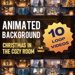 Può includere: Immagine di uno sfondo animato con il testo "Animated Background" e "Christmas in the Cozy Room". L'immagine include anche il testo "10 Loop Videos" e "4K Ultra HD". Lo sfondo presenta accoglienti scene natalizie.