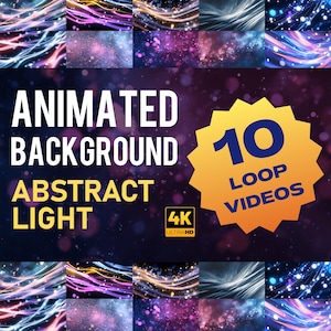 Könnte beinhalten: Digitalgrafik mit dem Text "ANIMATED BACKGROUND ABSTRACT LIGHT". Das Bild zeigt 10 Loop-Videos mit abstrakten Lichtdesigns in verschiedenen Farben und ein "4K ULTRAHD"-Logo.