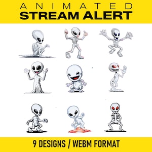 Op de afbeelding: Negen geanimeerde alien-ontwerpen in een rasterindeling. De aliens zijn wit met grote zwarte ogen en verschillende poses. De tekst "ANIMATED STREAM ALERT" staat bovenaan en "9 DESIGNS / WEBM FORMAT" onderaan.