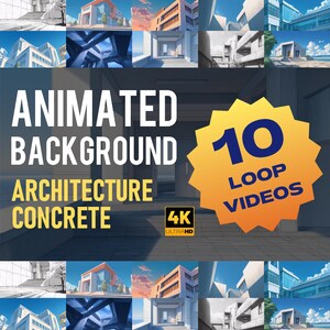 May include: An image featuring the text "ANIMATED BACKGROUND ARCHITECTURE CONCRETE" in white letters. The image also includes a yellow starburst graphic with the text "10 LOOP VIDEOS". Below the text is a grid of architectural renderings.