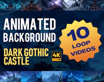 Może przedstawiać: Obraz promocyjny dla animowanych filmów w pętli tła. Tekst brzmi "Animated Background Dark Gothic Castle 4K Ultra HD" z żółtą grafiką wybuchu z napisem "10 Loop Videos". Tło przedstawia mroczne sceny zamkowe.