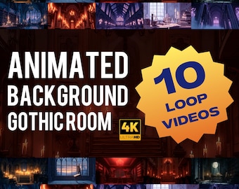 Może przedstawiać: Kolaż animowanych filmów w tle z gotyckimi pokojami. Tekst brzmi "Animated Background Gothic Room" z "4K Ultra HD" i odznaką z napisem "10 Loop Videos". Pokoje mają sklepione sufity, świece i regały z książkami.