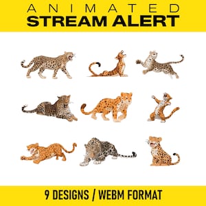 Könnte beinhalten: Animierte Stream-Alert-Grafik mit neun Cartoon-Leoparden-Designs in verschiedenen Posen. Die Leoparden haben Flecken und verschiedene Farbmuster. Der Text oben lautet "ANIMATED STREAM ALERT" und unten "9 DESIGNS / WEBM FORMAT."