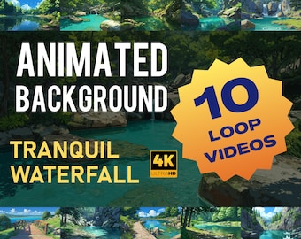 May include: An animated background featuring a tranquil waterfall scene. The image includes the text "Animated Background" and "Tranquil Waterfall" with "4K Ultra HD" and "10 Loop Videos" labels. The scene depicts a serene landscape with water and greenery.