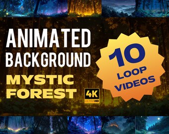 Vidéo en boucle 4K d'arrière-plan animé de la forêt mystique, forêt rougeoyante magique la nuit, scène de nature fantastique pour la méditation