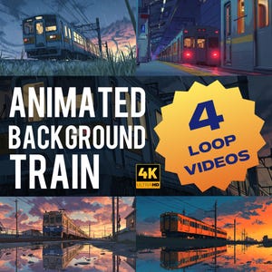 Może przedstawiać: Obraz kompozytowy z animowanymi scenami pociągów. Tekst "ANIMATED BACKGROUND TRAIN" jest wyraźnie wyświetlany. Żółta odznaka wskazuje "4 LOOP VIDEOS" w niebieskim tekście, z logo "4K ULTRA HD".