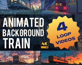May include: A montage of animated train scenes, with the text "ANIMATED BACKGROUND TRAIN" overlaid. A yellow badge displays "4 LOOP VIDEOS" in blue, alongside a "4K ULTRA HD" logo. The scenes depict trains in various settings.