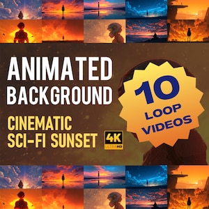Puede incluir: Una colección de vídeos de fondo animados con temática de atardecer de ciencia ficción cinematográfica. La imagen presenta el texto "ANIMATED BACKGROUND", "CINEMATIC SCI-FI SUNSET" y "10 LOOP VIDEOS". Los vídeos están en resolución 4K Ultra HD.