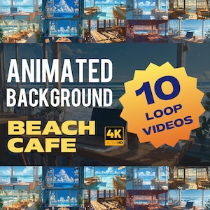 以下が含まれることがあります： アニメーション背景ループビデオの画像。テキストは「ANIMATED BACKGROUND BEACH CAFE」と「4K ULTRA HD」ロゴです。黄色のスターバーストグラフィックには「10 LOOP VIDEOS」と表示されています。ビーチカフェのシーンが特徴です。