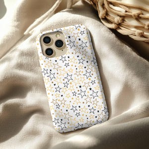 Gold & Black Star iPhone Case - Minimalist Celestial Pattern on White Background