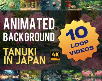Op de afbeelding: Geanimeerde achtergrond met Tanuki in Japan. De afbeelding toont 10 loop video's in 4K Ultra HD. De tekst staat tegen een achtergrond van serene Japanse landschappen met geanimeerde Tanuki-personages.