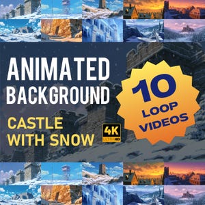 Może przedstawiać: Obraz cyfrowy przedstawiający animowane tła zamków ze śniegiem. Tekst brzmi "Animated Background Castle With Snow" i "10 Loop Videos". Obraz zawiera również logo "4K Ultra HD". Tła przedstawiają różne sceny zamków.