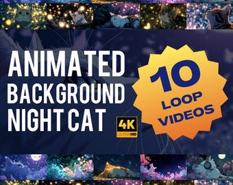 Animated Night Cat Background 4K Loop Videos | Cozy Starry Ambience for Stream & Relax
