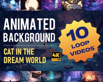 Op de afbeelding: Geanimeerde achtergrond met een witte kat in een droomwereld. De afbeelding bevat de tekst "Animated Background" en "Cat in the Dream World". De afbeelding bevat ook de tekst "10 Loop Videos" en "4K Ultra HD". De achtergrond heeft een fantasiethema.