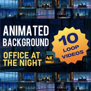 Könnte beinhalten: Werbebild für animierte Hintergrund-Loop-Videos. Der Text lautet "Animated Background Office at the Night" mit "10 Loop Videos" in einem gelben Stern. Das Bild zeigt mehrere Büroszenen bei Nacht mit Stadtansichten.