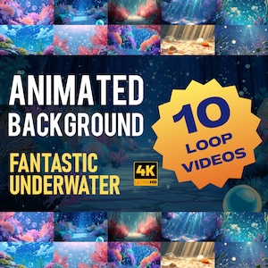 Puede incluir: Un producto digital con diez vídeos de bucle submarino animados en 4K Ultra HD. La imagen muestra varias escenas submarinas con arrecifes de coral, burbujas y efectos de luz solar. El texto en la imagen dice "Animated Background Fantastic Underwater".