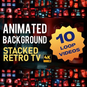 Puede incluir: Imagen promocional con televisores retro apilados que muestran fondos animados. El texto dice "ANIMATED BACKGROUND STACKED RETRO TV" con un logotipo "4K ULTRA HD". Un gráfico de estrella amarilla indica "10 LOOP VIDEOS".