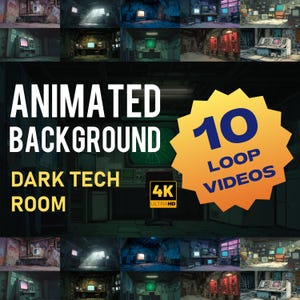 Könnte beinhalten: Ein Bild mit 10 Loop-Videos mit animierten Hintergründen eines dunklen Technikraums. Der Text "Animated Background Dark Tech Room" wird zusammen mit einem "4K Ultra HD"-Logo angezeigt.
