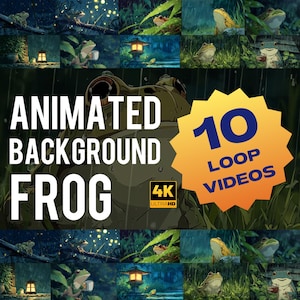 Puede incluir: Vídeos de bucle de fondo animado de rana en 4K Ultra HD. La imagen presenta una gran rana con el texto "Animated Background Frog" y "10 Loop Videos". La imagen también muestra varias escenas animadas con ranas.