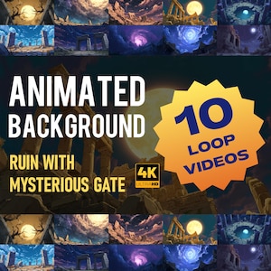 May include: An image featuring 10 animated loop videos with a ruin and mysterious gate theme. The text "Animated Background" and "Ruin with Mysterious Gate" are displayed. A yellow starburst graphic indicates "10 Loop Videos" and "4K Ultra HD".