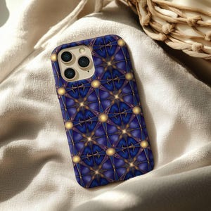 Celestial Geometry iPhone Case - Dark Blue Sacred Star Pattern Phone Cover, Gold Cosmic Energy Design, Mystical iPhone Case
