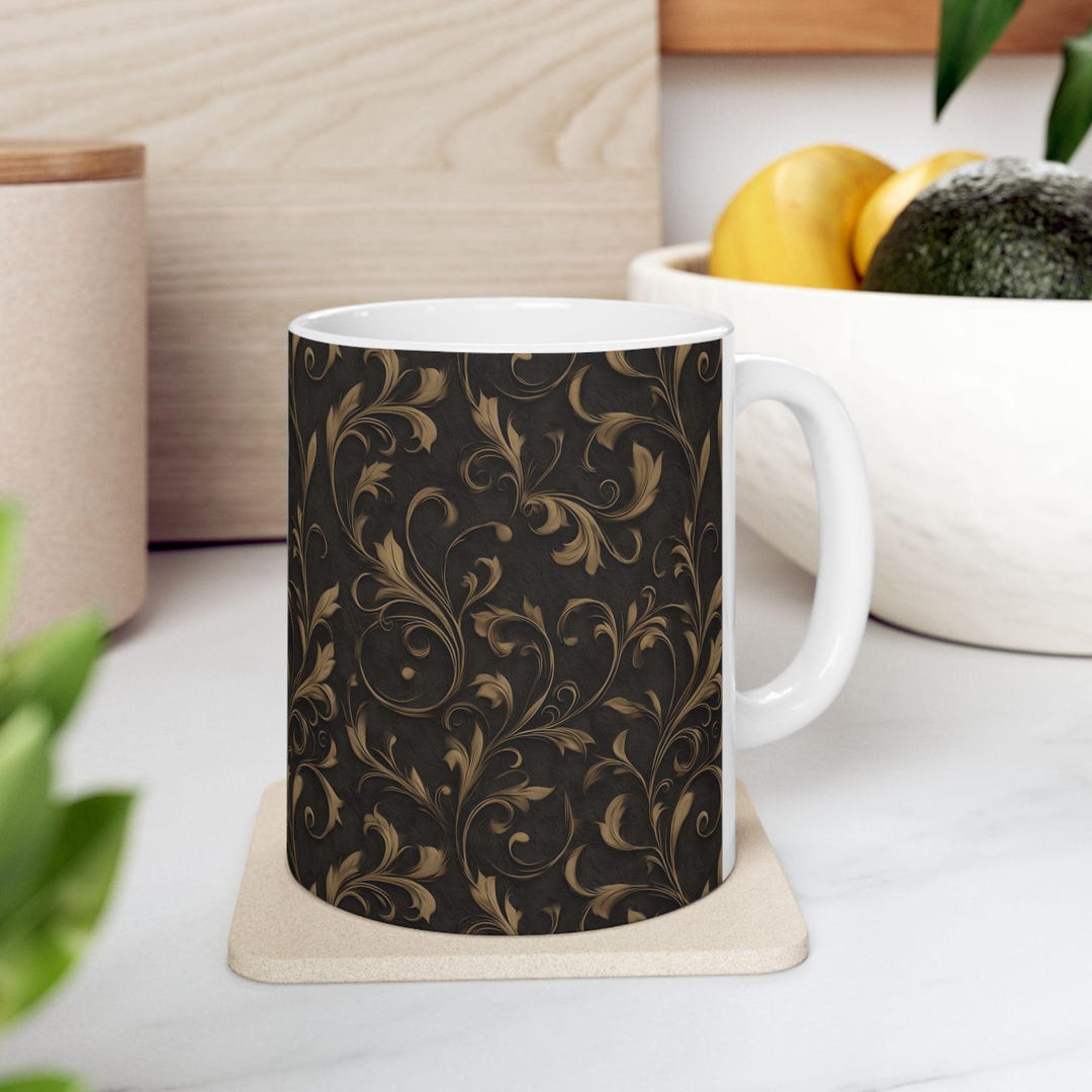 Vintage Baroque Mug - Elegant Gold Leaf Scroll Pattern Coffee Cup for ...