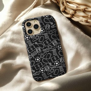 Soccer Icons iPhone Case - Black & White Football Pattern Phone Cover for Sports Lovers