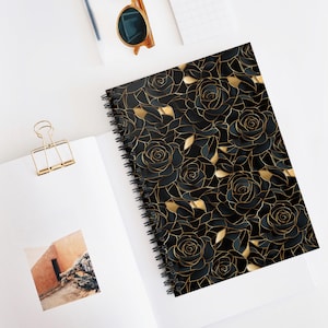 Black Rose Gold Notebook - Elegant Floral Spiral Journal for Women, Writers & Gothic Stationery Lovers