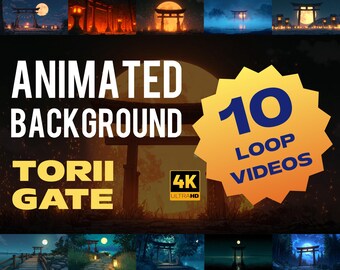 Op de afbeelding: Een verzameling van 10 geanimeerde loopvideo's met Torii-poorten. De afbeelding toont verschillende scènes met Torii-poorten, manen en lantaarns. De tekst op de afbeelding luidt "Animated Background Torii Gate 4K Ultra HD".