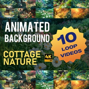 Könnte beinhalten: Ein animierter Hintergrund mit Szenen aus der Natur von Cottages. Das Bild enthält den Text "Animated Background" und "Cottage Nature" mit "4K Ultra HD" und "10 Loop Videos" auf einem gelben Stern.
