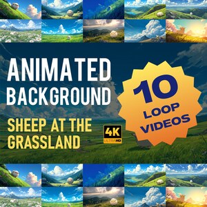 Può includere: Immagine di un prodotto digitale con 10 video animati in loop. I video mostrano serene scene di praterie con pecore soffici, sullo sfondo di colline, cieli blu e nuvole. Il testo recita "Animated Background" e "Sheep at the Grassland".