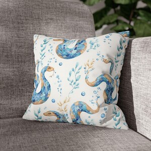Watercolor Snake Throw Pillow - Blue and Gold Serpent Cushion, Nature-Inspired Animal Decor for Sofa or Bedroom
