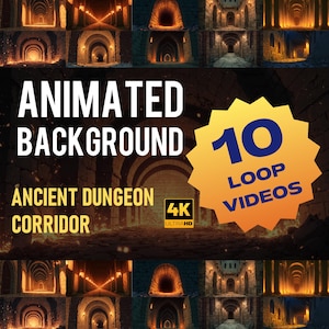 May include: An animated background showing an ancient dungeon corridor. The image presents various views of the corridor with arched ceilings and stone walls, illuminated by warm, flickering light. Text reads "Animated Background" and "10 Loop Videos".