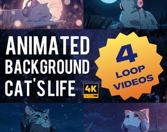 Animated Cat Life Loop Video Backgrounds | 4K Cozy Anime (Digital Download)