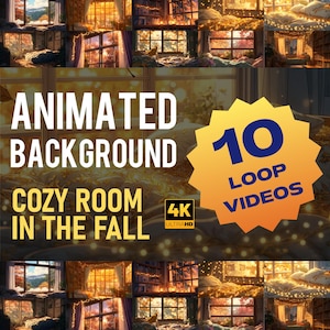 Puede incluir: Imagen digital que presenta una acogedora habitación en otoño, con fondos animados. El texto dice "Animated Background, Cozy Room in the Fall, 4K Ultra HD" y "10 Loop Videos". La imagen muestra múltiples escenas de ventanas.