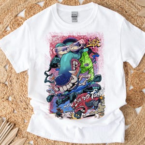 T-shirt drôle de chien d'équitation de scooter T-shirt de maman de chien de bande dessinée, chemise graphique d'animal de compagnie fou, t-shirt animal de streetwear urbain