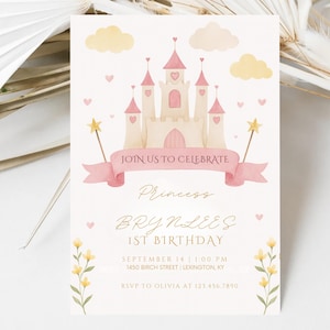 Princess Birthday Invitation Template: Pink and Gold Crown (Digital Download, 5x7 in Canva)