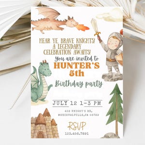 Knights and Dragons Birthday Invitation: Medieval Party, Editable Canva Template (5x7 inches) (Digital Download