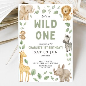 Invitación de cumpleaños de Wild One Safari: Animales de la selva, primer cumpleaños (Plantilla Canva, PDF de 13x18 cm)