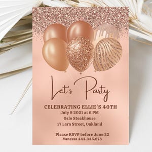 Let's Party Rose Gold Balloons Invite,Editable Rose Gold Birthday Invitation,