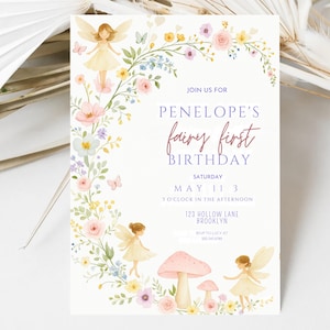 Fairy Garden 1st Birthday Invitation: Pastel Wildflower Tea Party (Canva Template, 5x7, Digital Download)